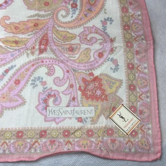 Yves Saint Laurent Pink and Cream Paisley Handkerchief Scarf 18x18in - Picture 4 of 9